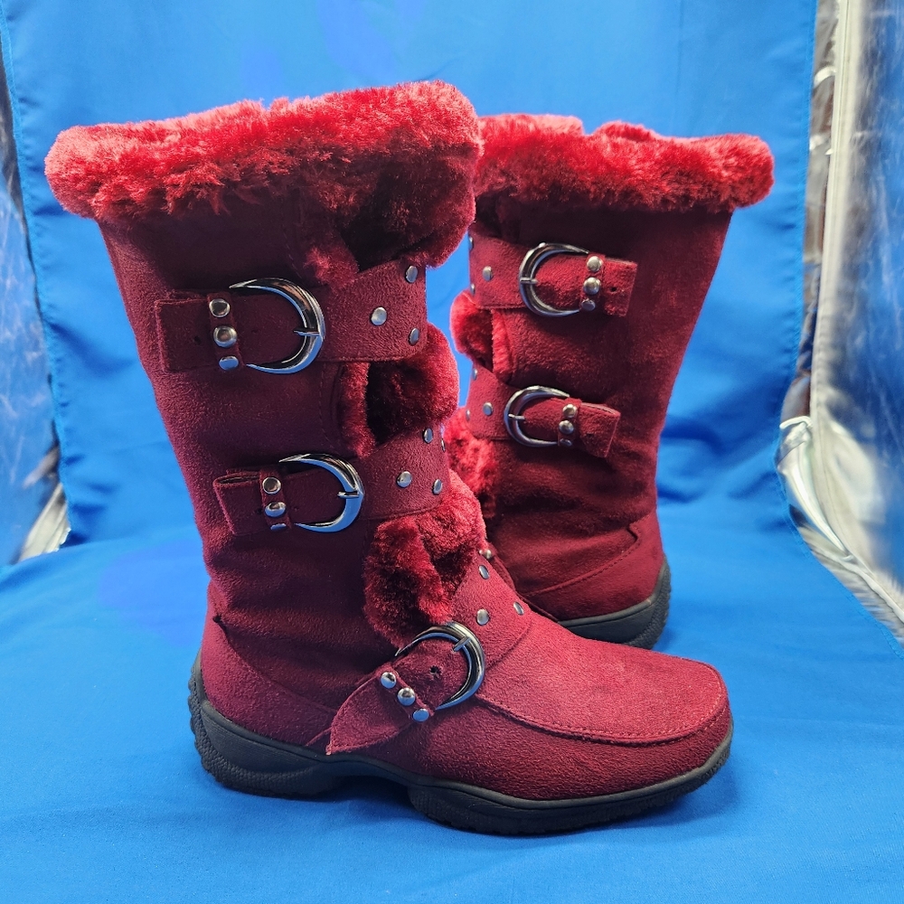 Forever Girls Sz 6 Red Faux Fur Lined Side Zip Mid Calf Winter Snow Warm Boots